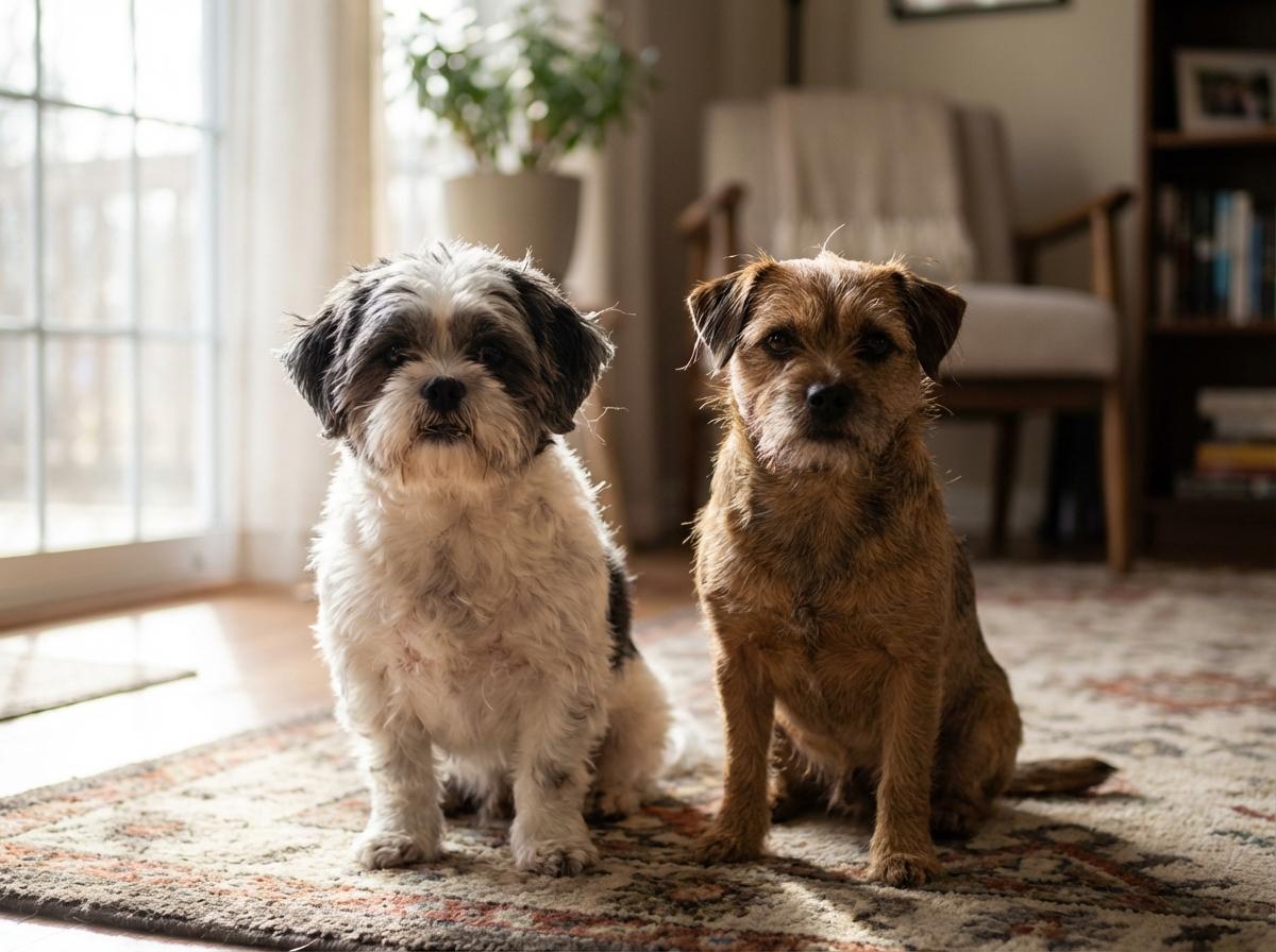 Eddie, a white-and-black Shih Tzu mix, and Sophia, a brown dog, sitting together on a rug in a living room.