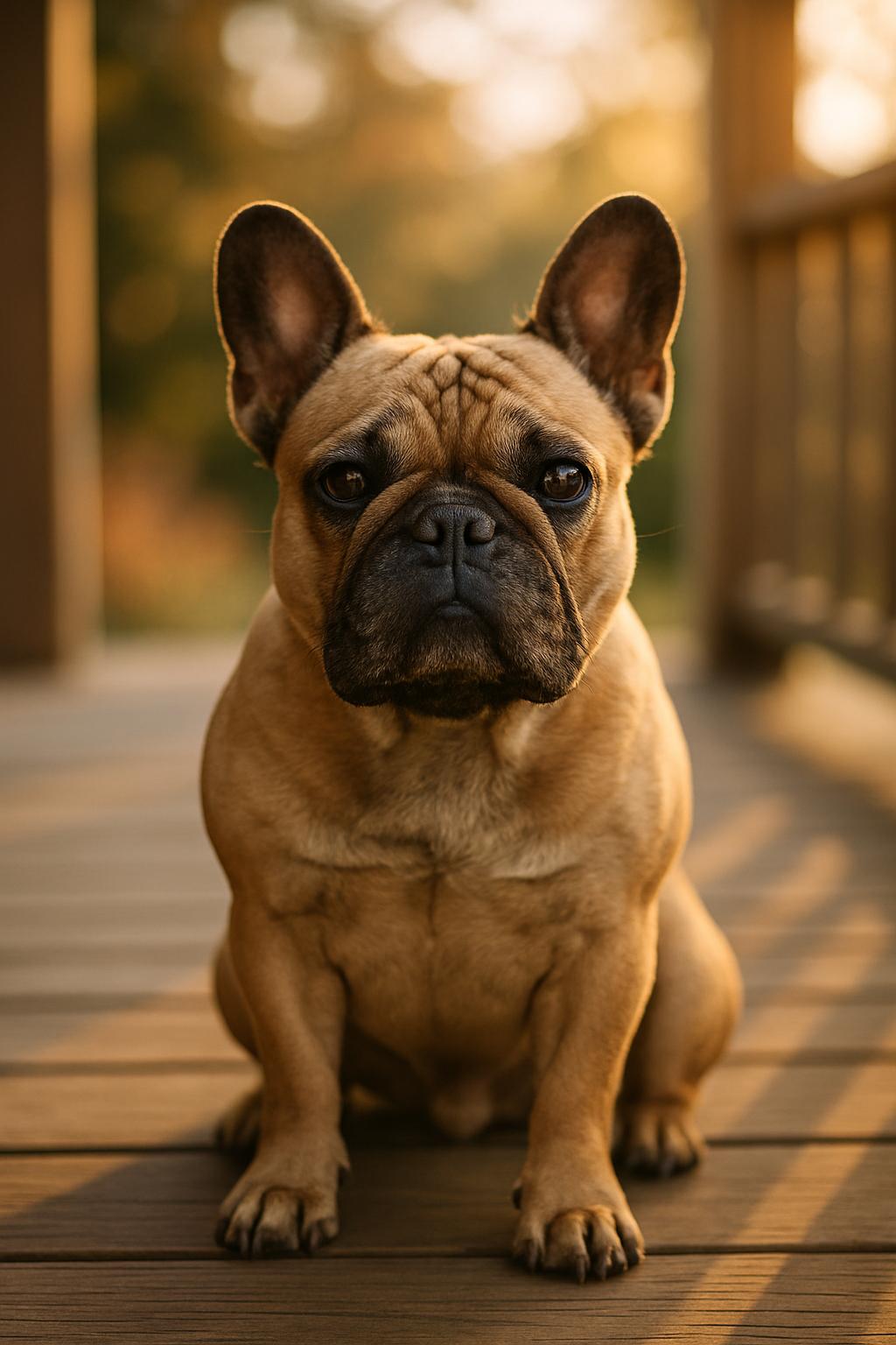 French bulldog sitting on a wooden porch in golden-hour light, photorealistic