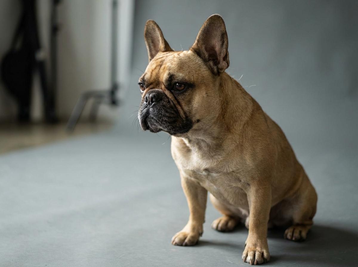 French bulldog sitting on neutral backdrop, photorealistic image.