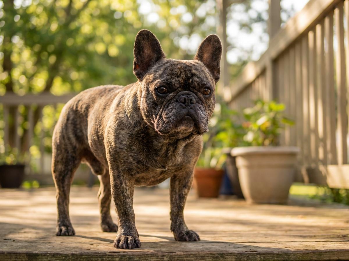 A French bulldog standing on a wooden porch in soft morning light, photorealistic image.
