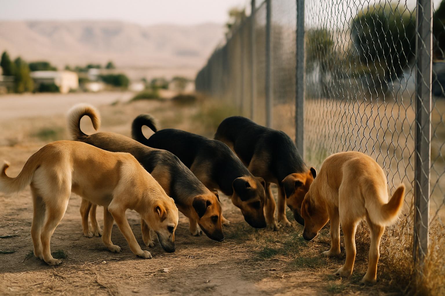 Pack of mixed-breed stray dogs near a fence at the edge of a kibbutz in the Negev, late afternoon light.