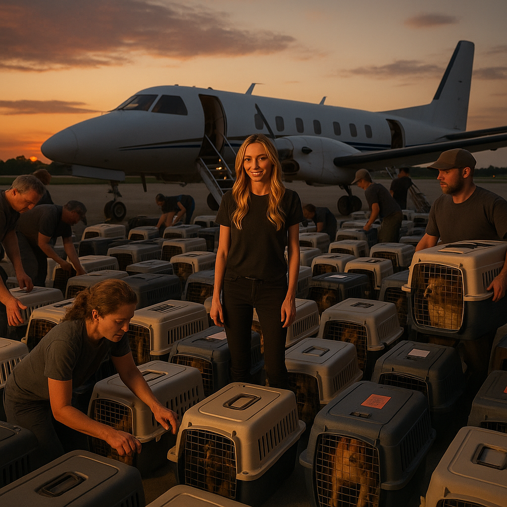 Volunteers and Giuliana Rancic preparing kennels for a rescue flight with 109 shelter dogs