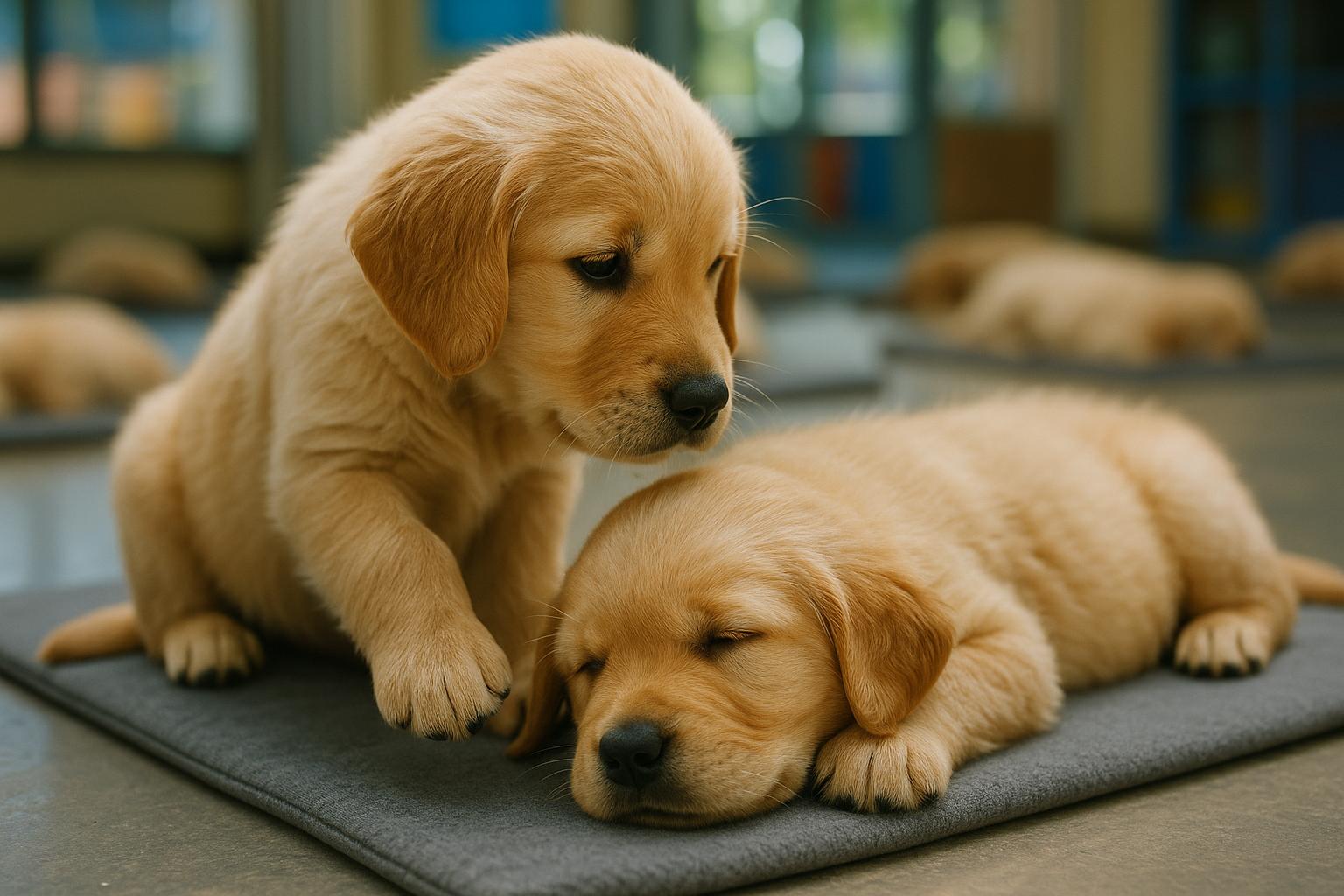 A golden retriever puppy nudging another sleeping puppy in a doggy day care nap room
