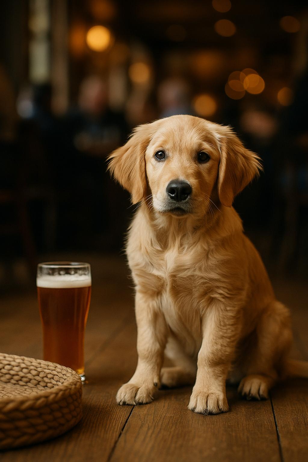 Seven-month-old golden retriever guide dog puppy sitting calmly on a pub floor beside a dog bed