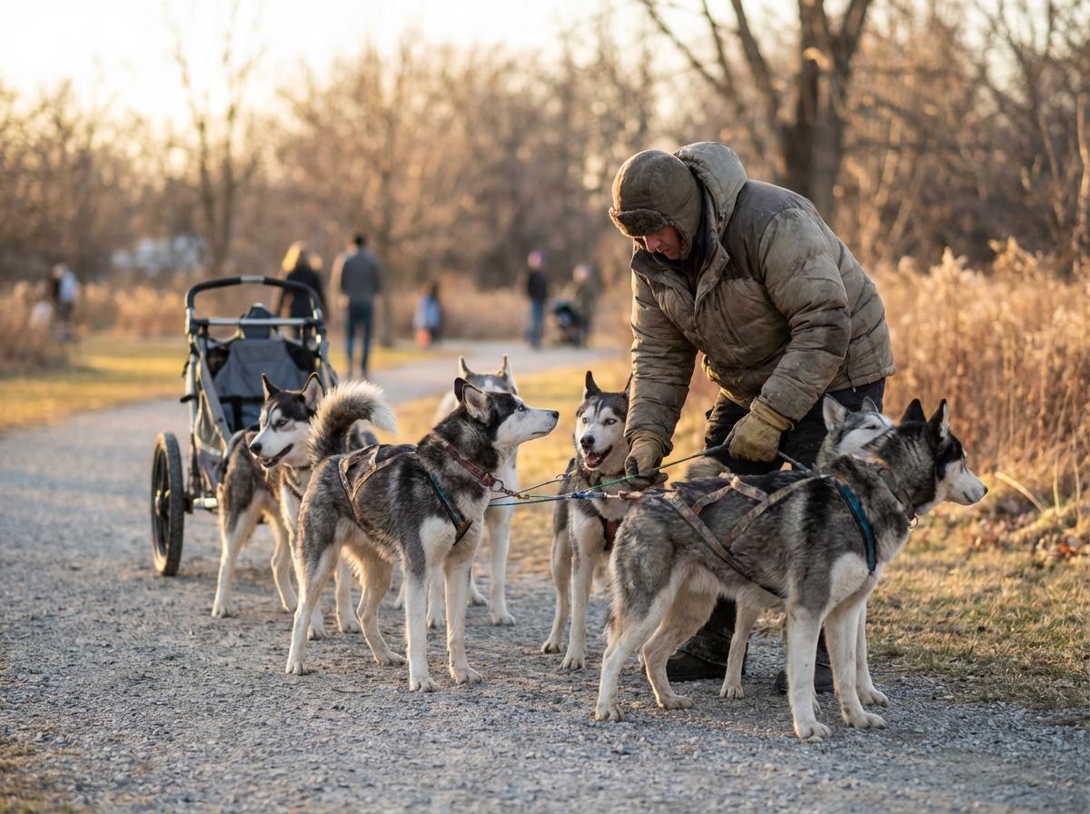 Musher preparing sled dogs at a county park in natural light, shallow depth of field