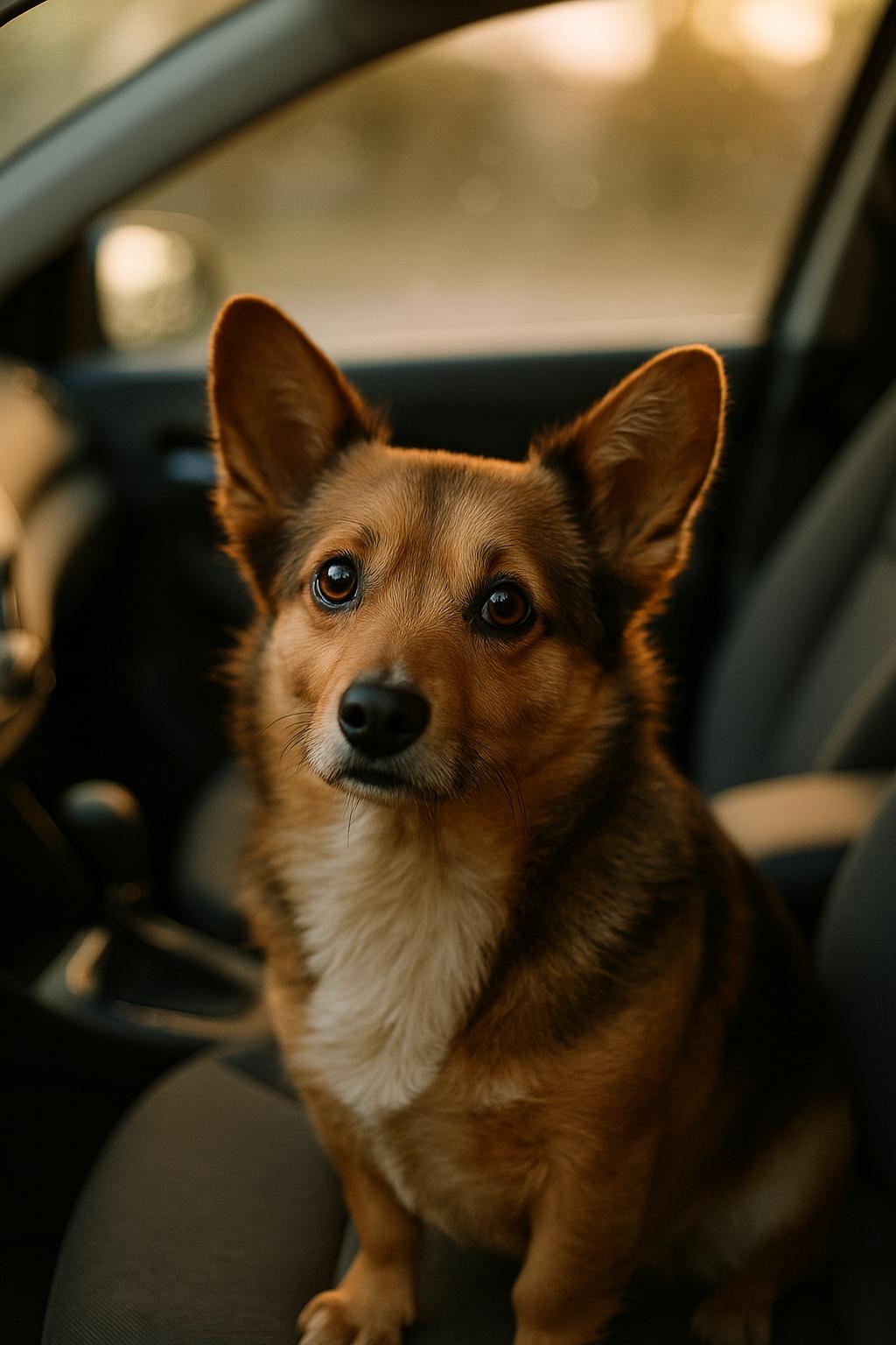 Horton, a small Welsh corgi mix, sitting in a car's passenger seat looking up.