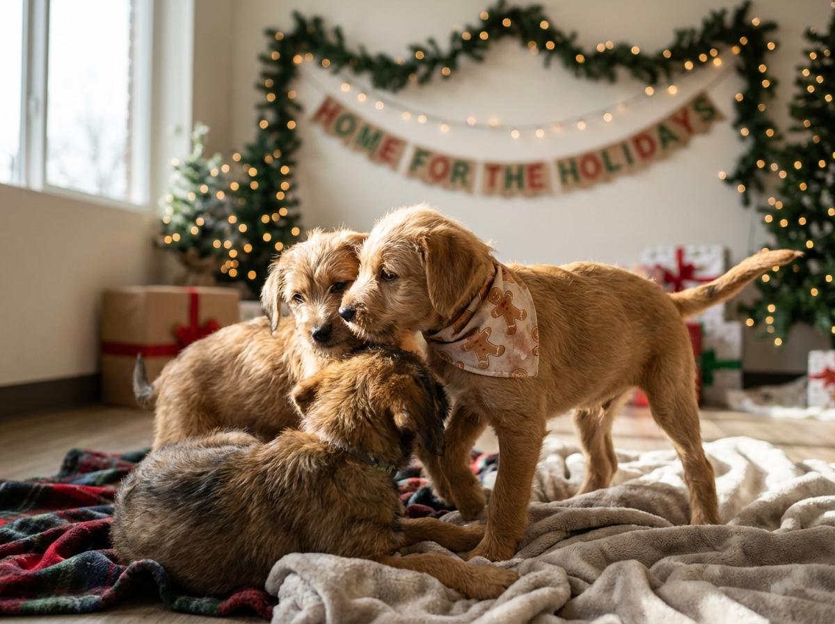 Three playful puppies wearing a cookie-patterned bandana at a holiday-themed adoption event indoors.