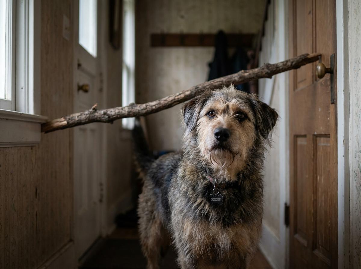 Mixed-breed dog named Goose with a long stick stuck against a door, determined expression, indoor hallway.
