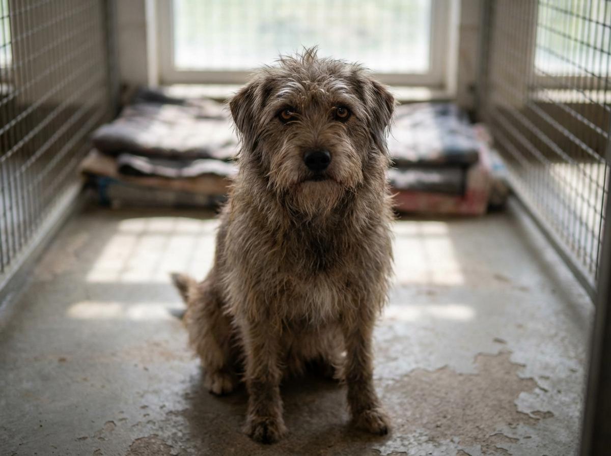 Peewee Papito, a mixed-breed dog, sitting in a shelter setting