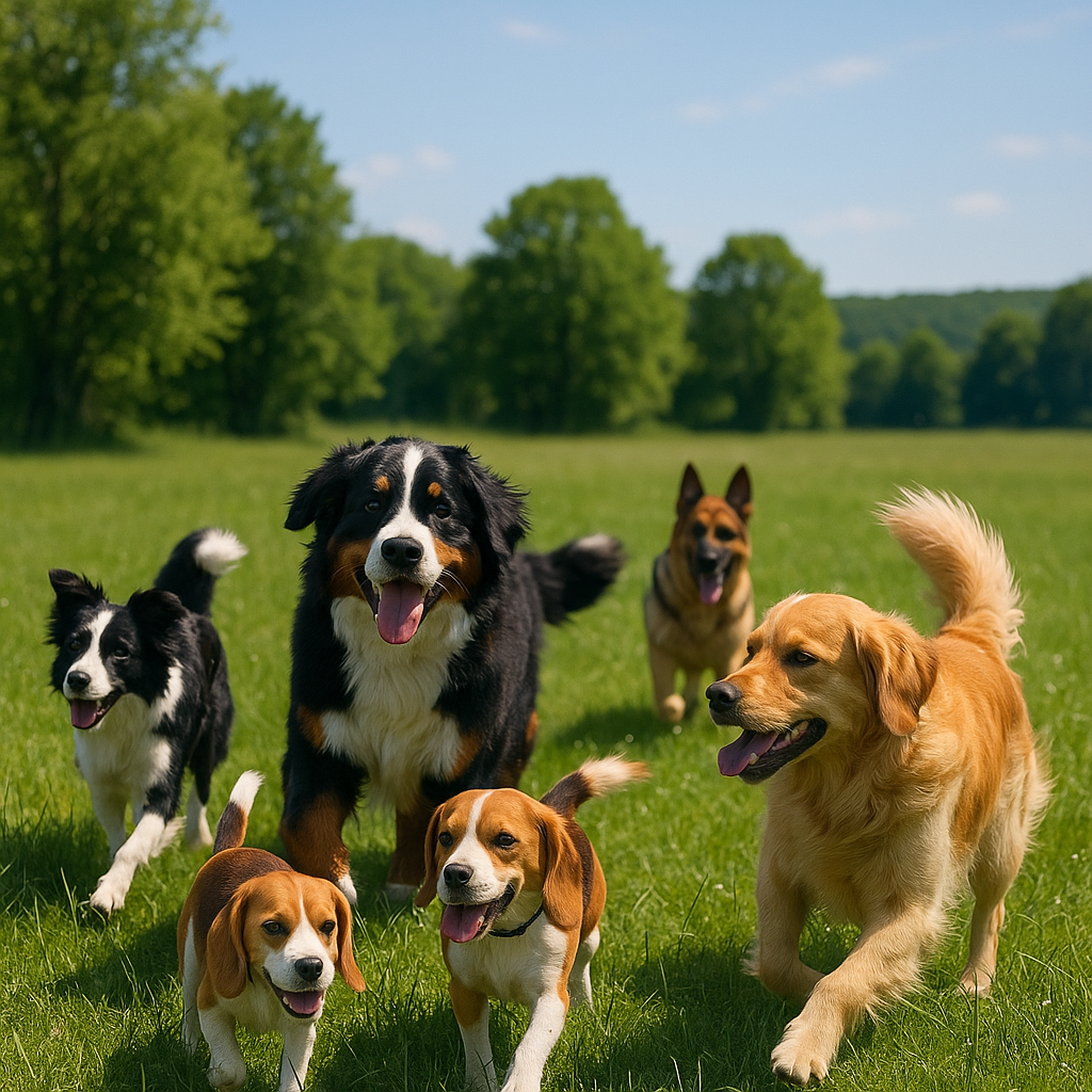 Dogs playing in a grassy field in Maine