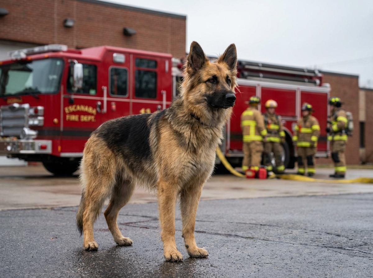 Jet, a 1.5-year-old German shepherd mix, stands beside a fire truck at a fire station in Escanaba.