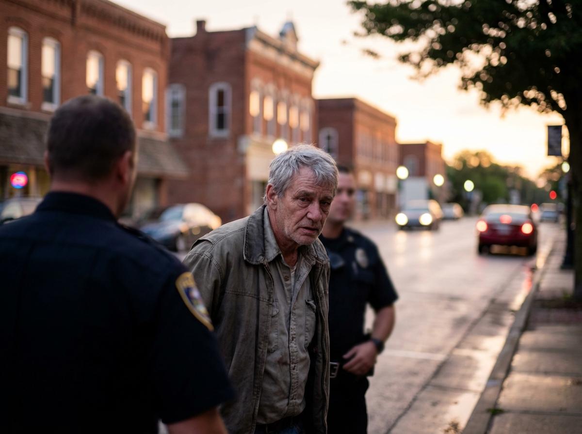 A 63-year-old man escorted by law enforcement near a small Midwestern street at dusk.