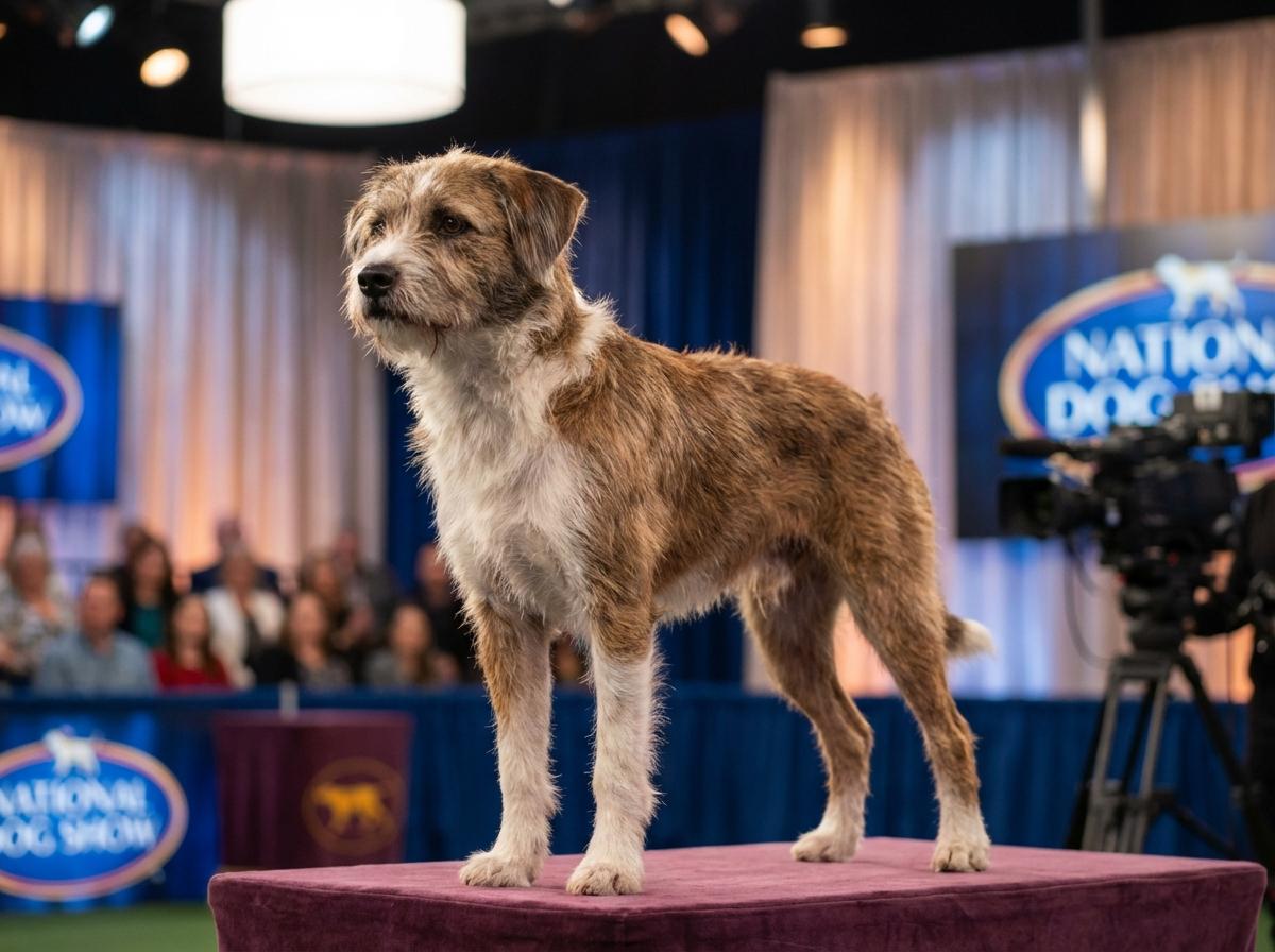 A photorealistic image of a dog standing on a studio stage at a dog show, with soft studio lighting and shallow depth of field.