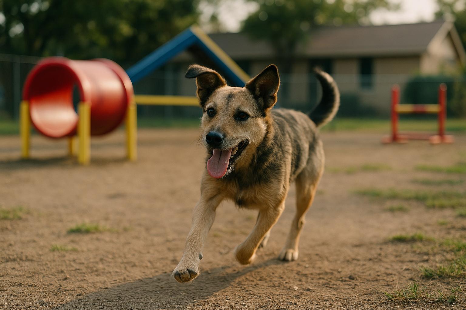 A dog playing on colorful agility equipment at a fenced outdoor dog playground near a shelter building in late afternoon light.
