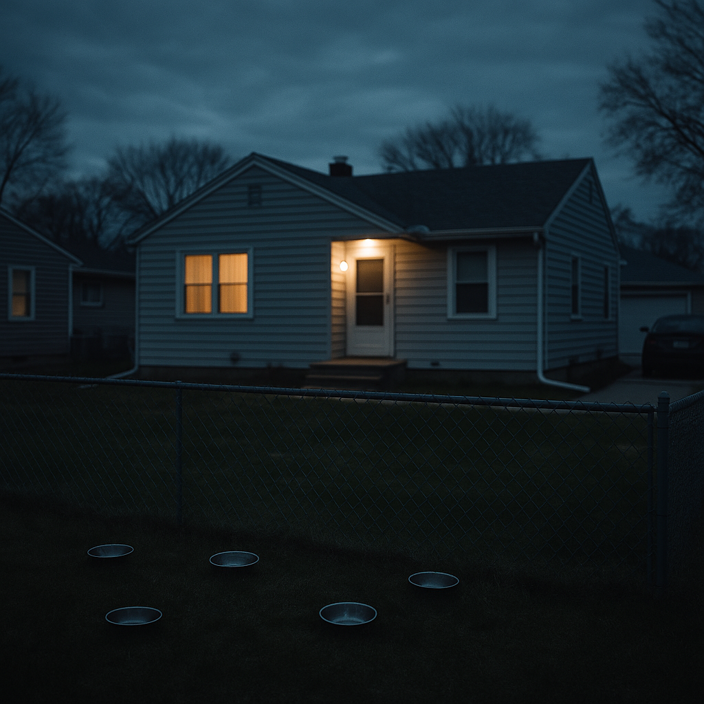 Empty dog bowls on the grass at a residential property in Kenosha, evening light