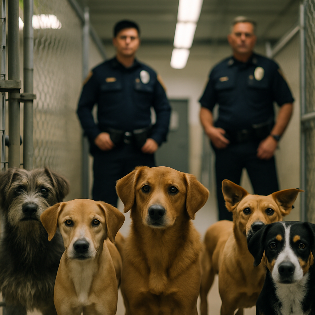 Mixed breed dogs in a kennel with police officers nearby