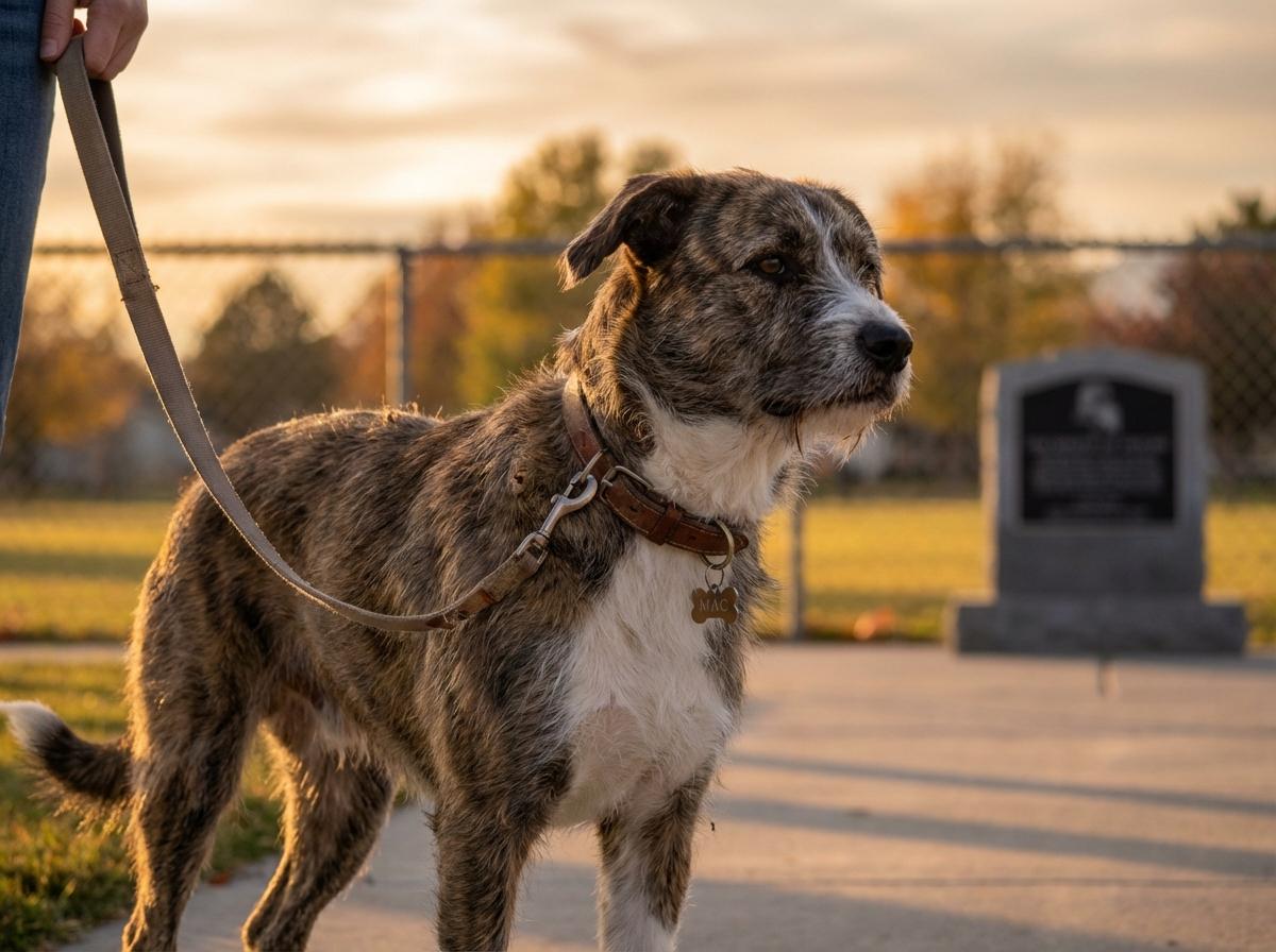 A medium-sized dog standing at the edge of a suburban park in late afternoon light.