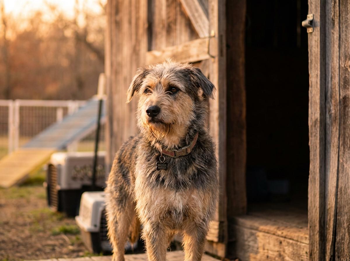 Rescue dog standing in front of a barn at a rural training ranch