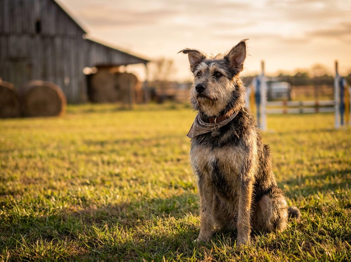 Echo, a rescue dog, sitting attentively on a training field at Liberty K9 Rescue Ranch in late afternoon light.