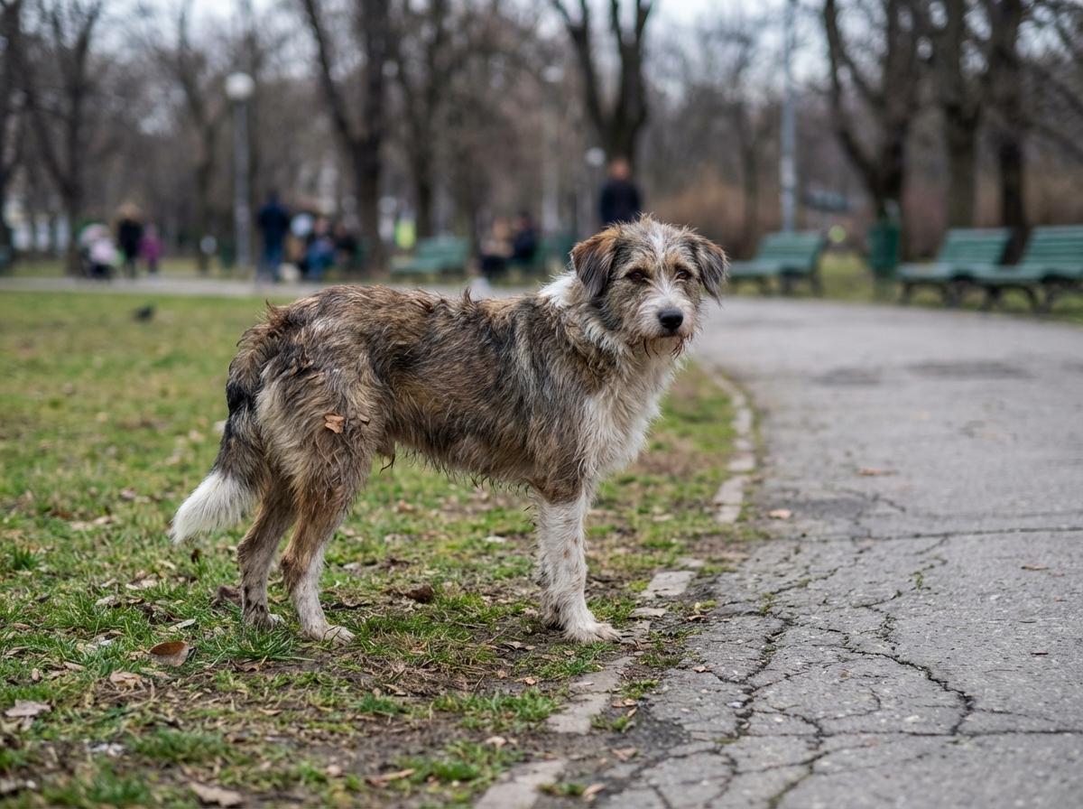 A medium-sized mixed-breed dog standing on grass in a city park with blurred trees and benches in the background.