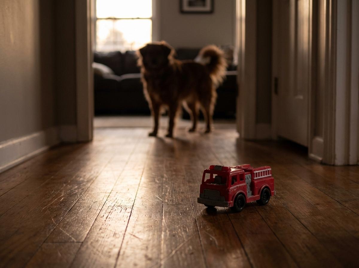 Empty hallway with a child's toy on the floor and a dog silhouette in a doorway, evening light