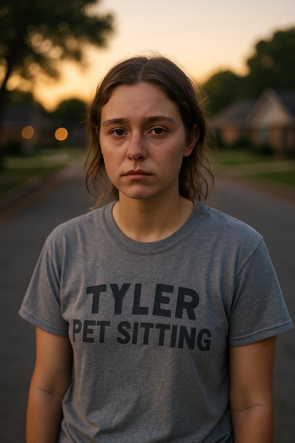 Portrait-style, ultra-realistic photo of a young woman in her early twenties standing on a residential street at dusk, photorealistic.
