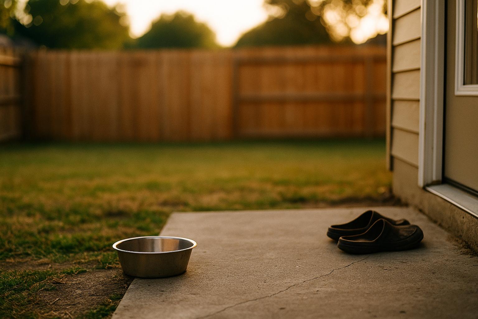 Backyard with dog bowl and discarded shoes near a back door at golden hour, photorealistic image