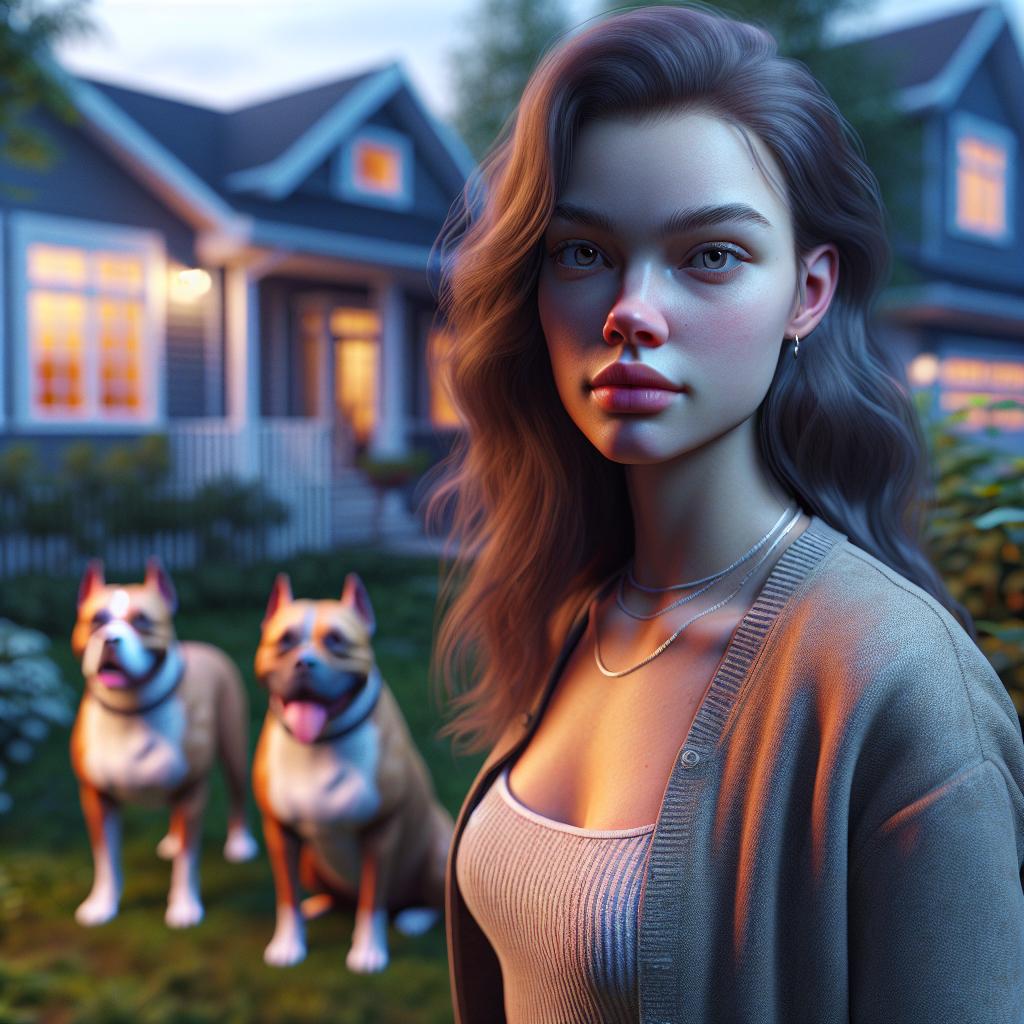 A young woman in a suburban backyard with three large dogs nearby, photorealistic.