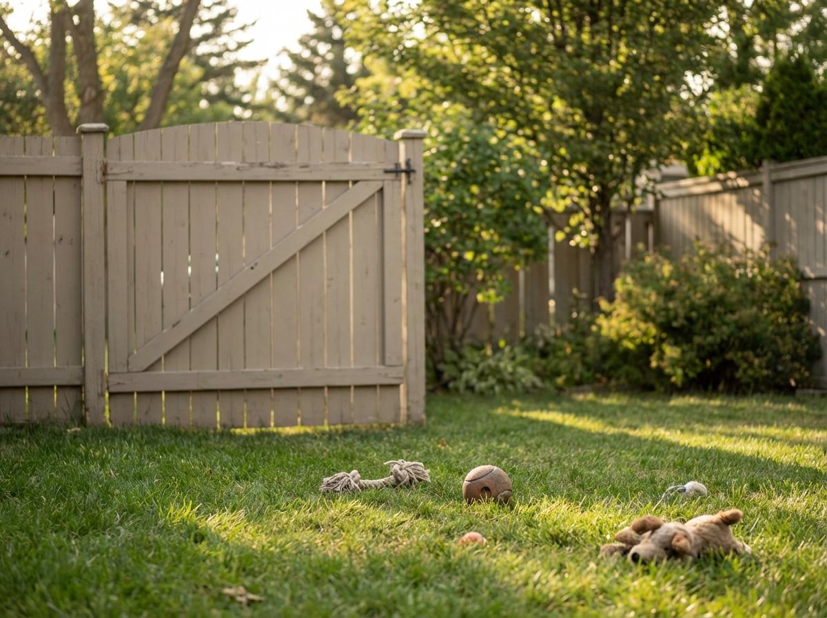 Suburban backyard with grass and a closed gate, late afternoon light