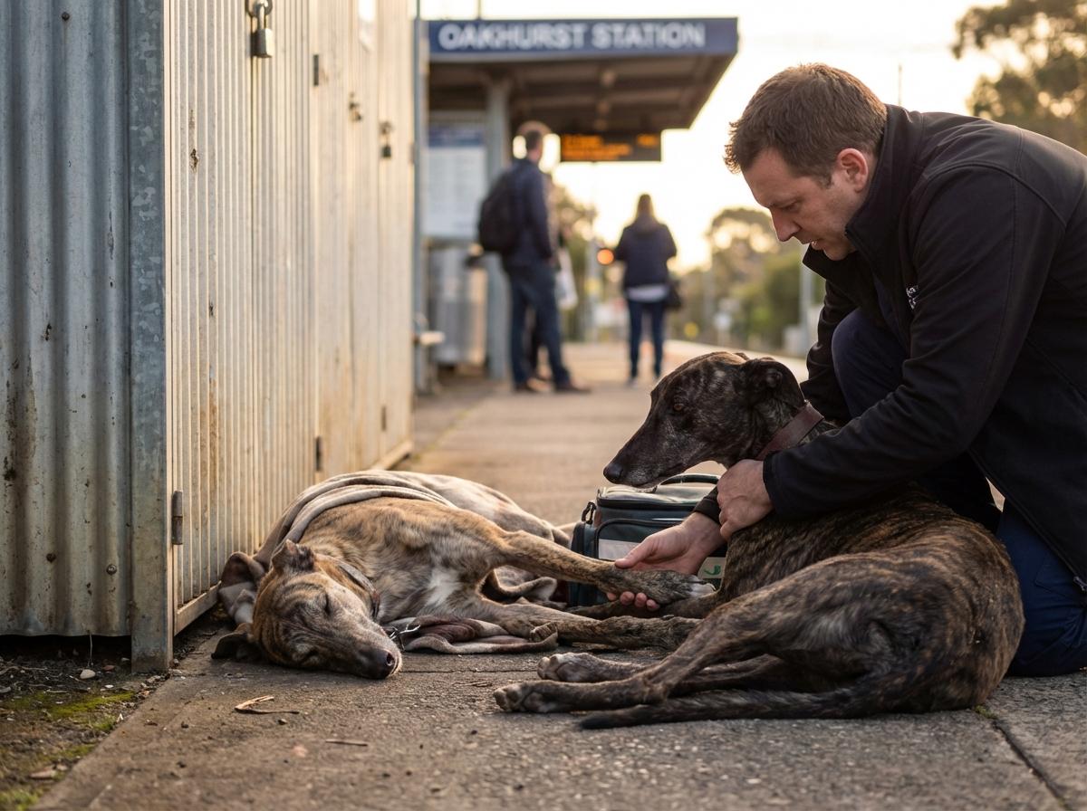 Two greyhounds near a bicycle locker at a train station, one lying motionless and the other weak, veterinarian attending