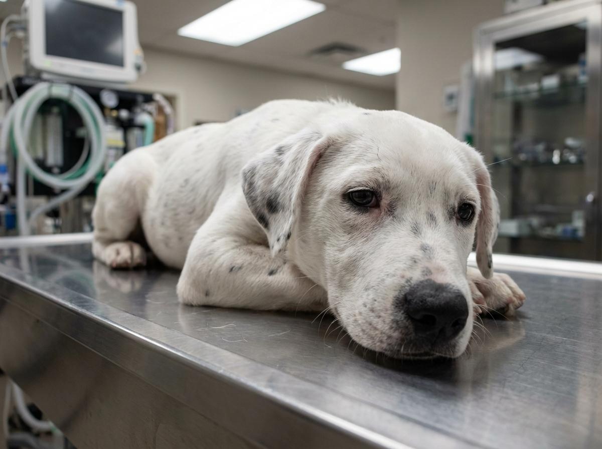 Six-month-old white mixed-breed puppy with black spots on a veterinary exam table, looking tired but alert.