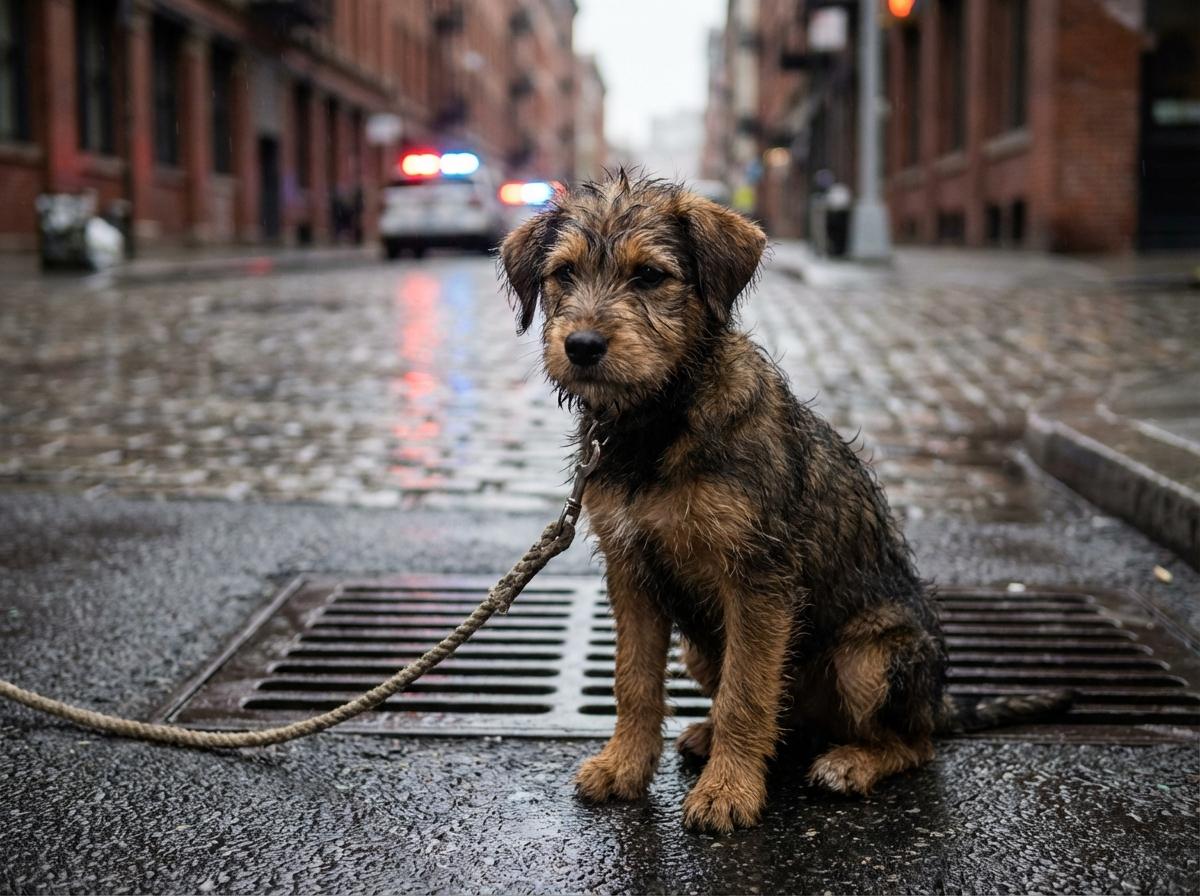 Puppy near a storm drain with wet fur, urban street background, rescue scene atmosphere.