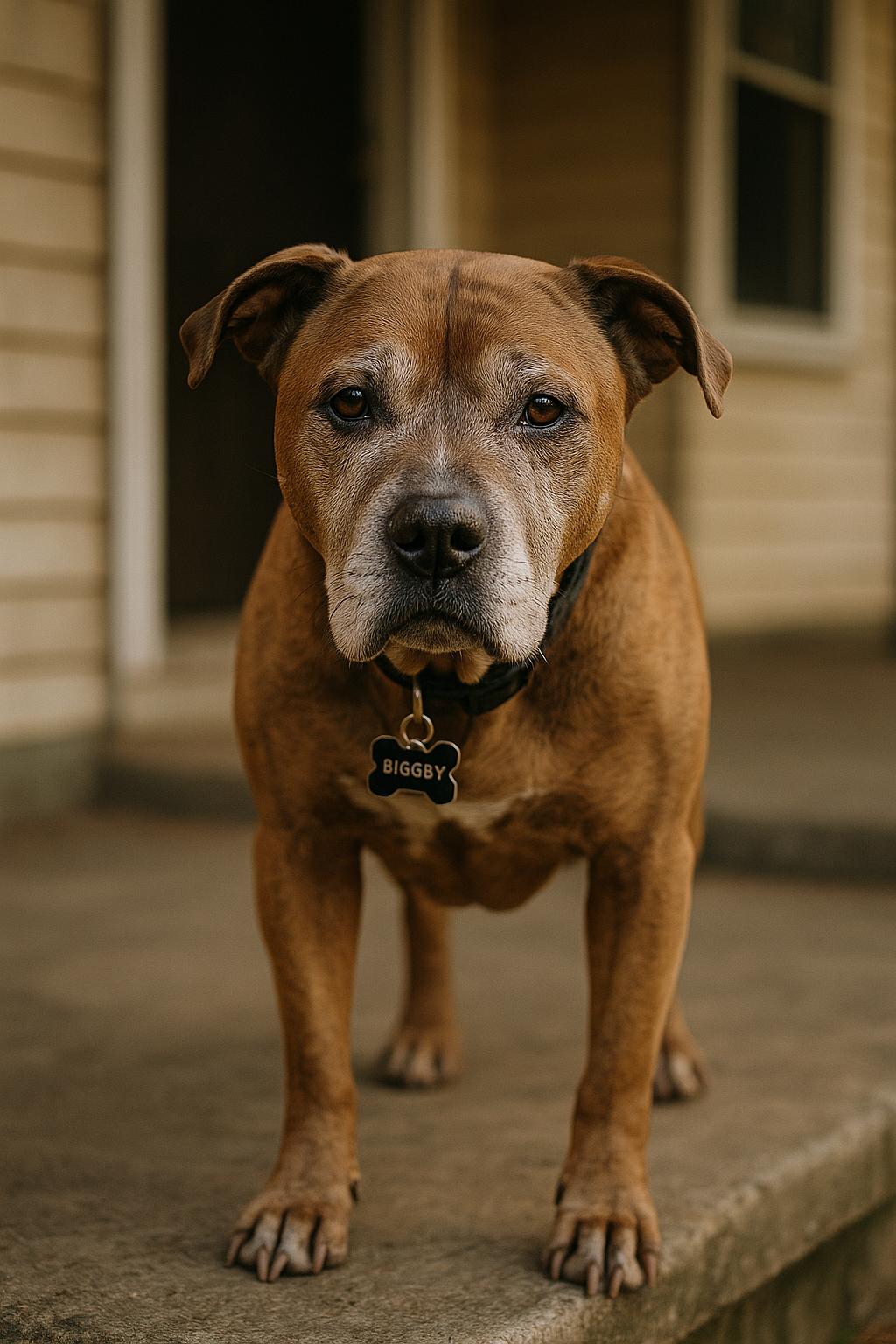 Senior pit bull mix on a porch in late afternoon light