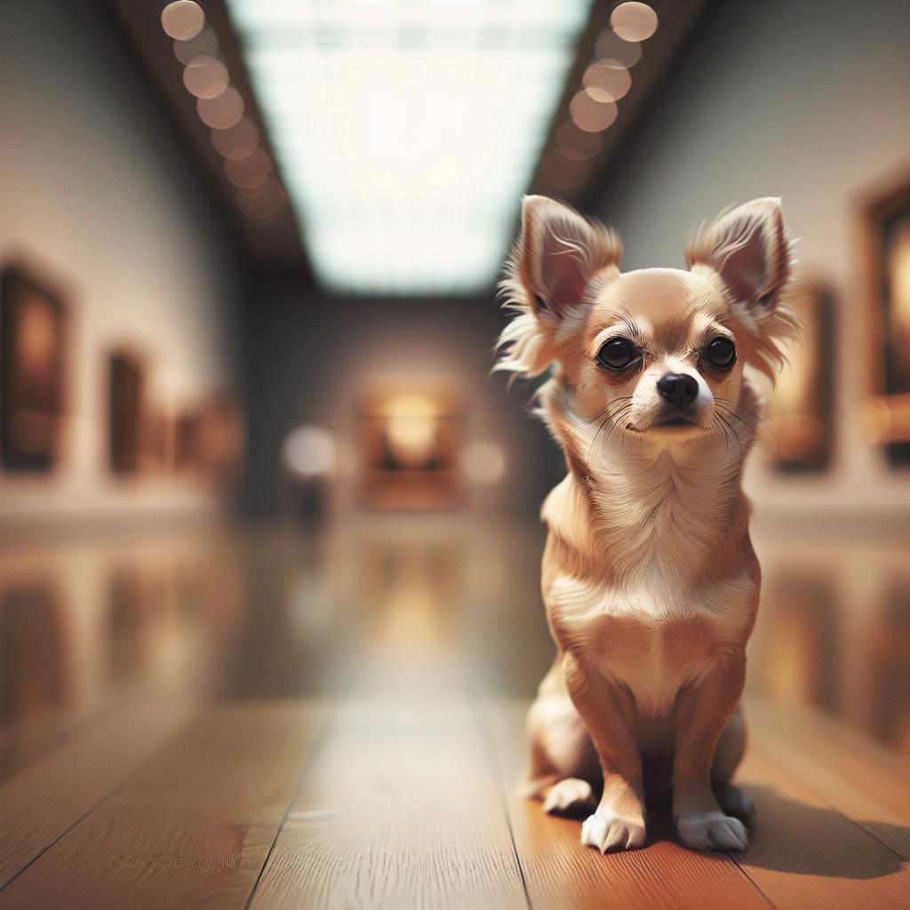 Chihuahua sitting on a hardwood floor inside a museum gallery, close-up with soft natural lighting and shallow depth of field.