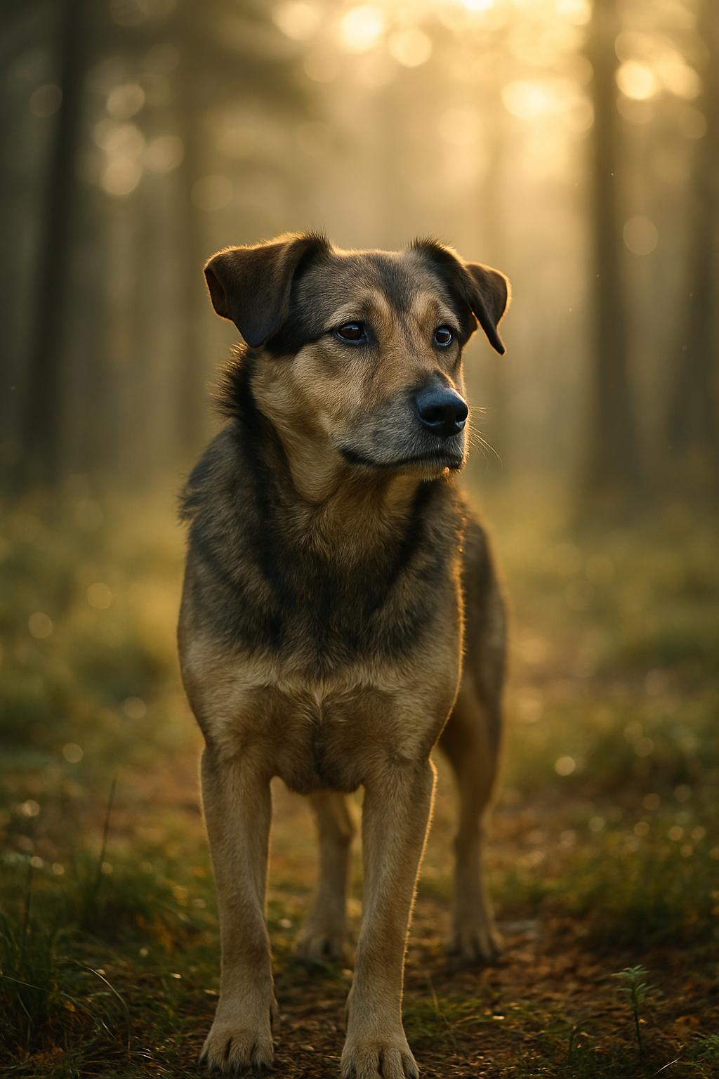 Mixed-breed dog standing in a sunlit forest clearing with soft bokeh background