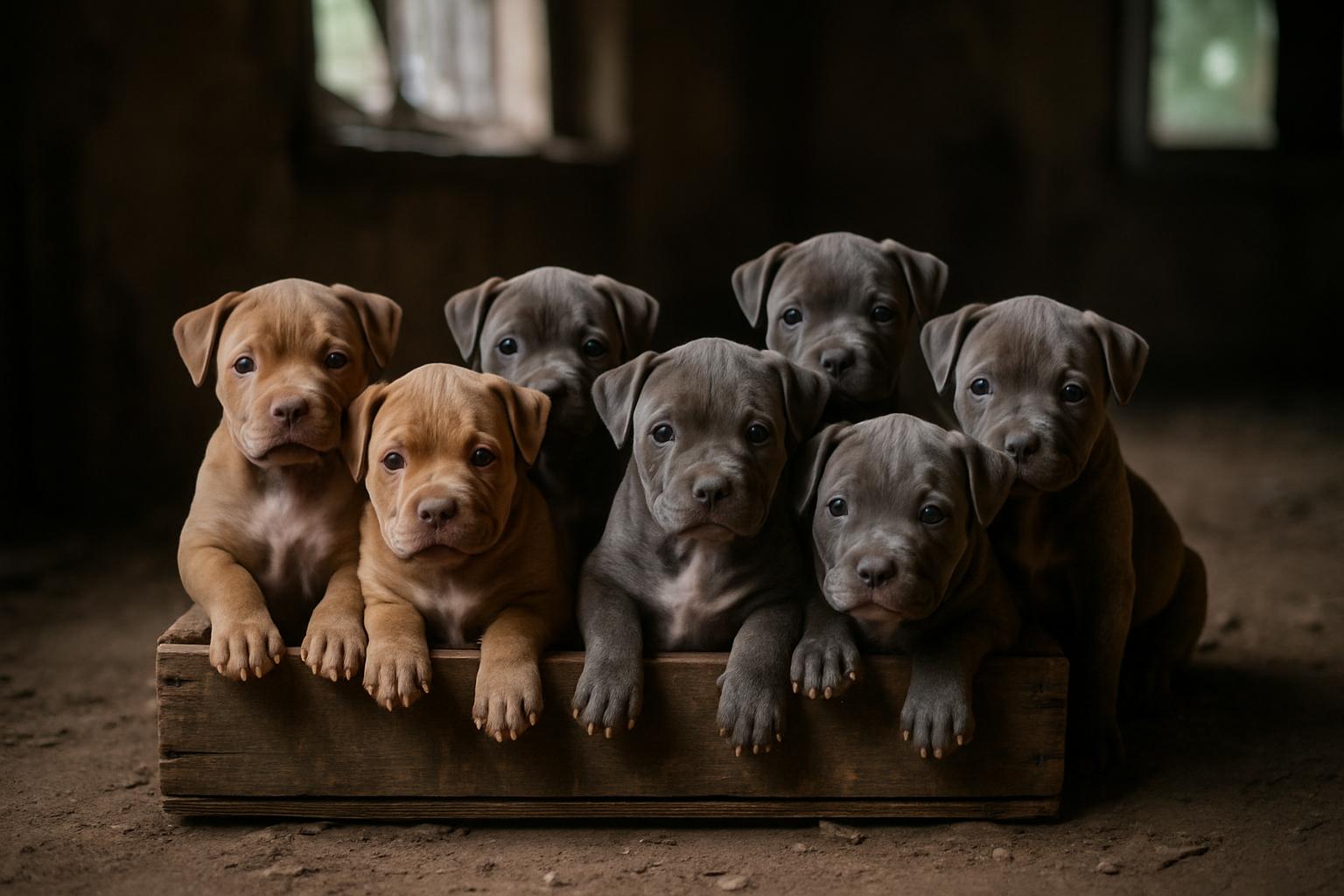 Seven pit bull puppies huddled together in an abandoned house, soft natural light, photorealistic