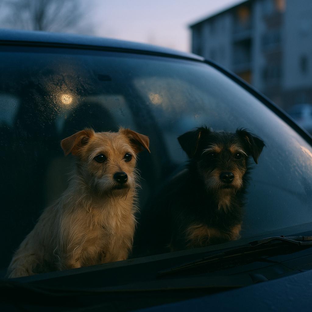 Two small dogs inside a parked car with fogged windows, parked in front of an apartment building at dawn.