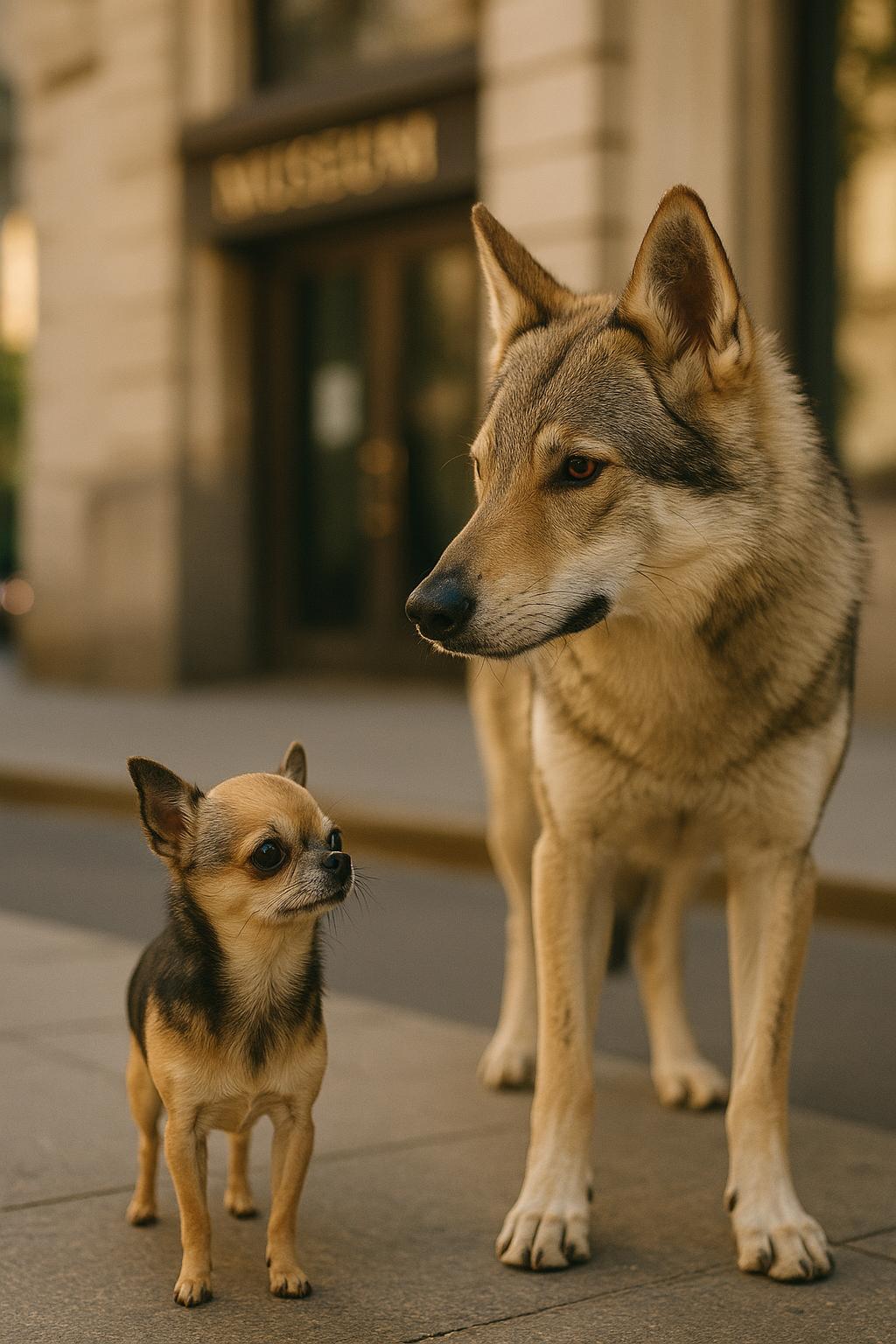 A chihuahua and a Czechoslovakian wolfdog standing near a museum entrance, showing contrasting sizes and fur textures.