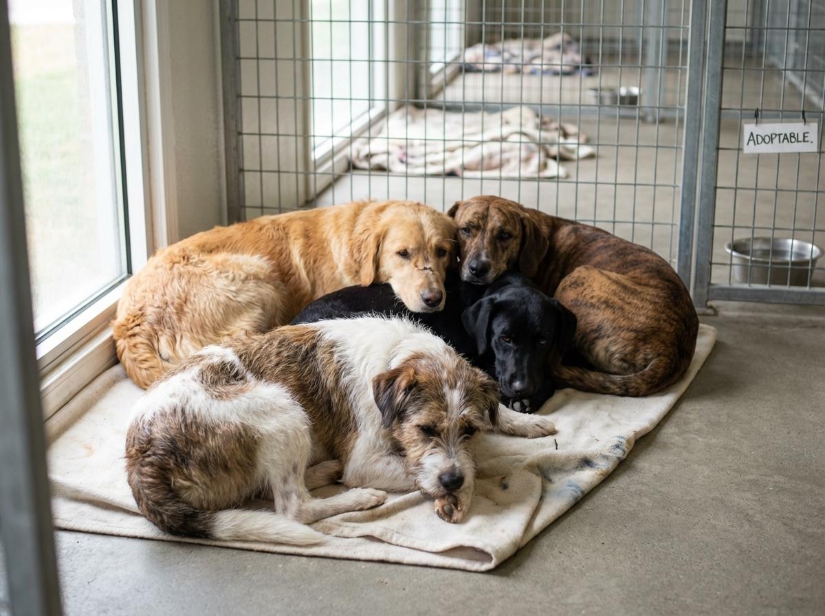 A group of adoptable dogs resting together in an indoor shelter kennel, natural light, photorealistic