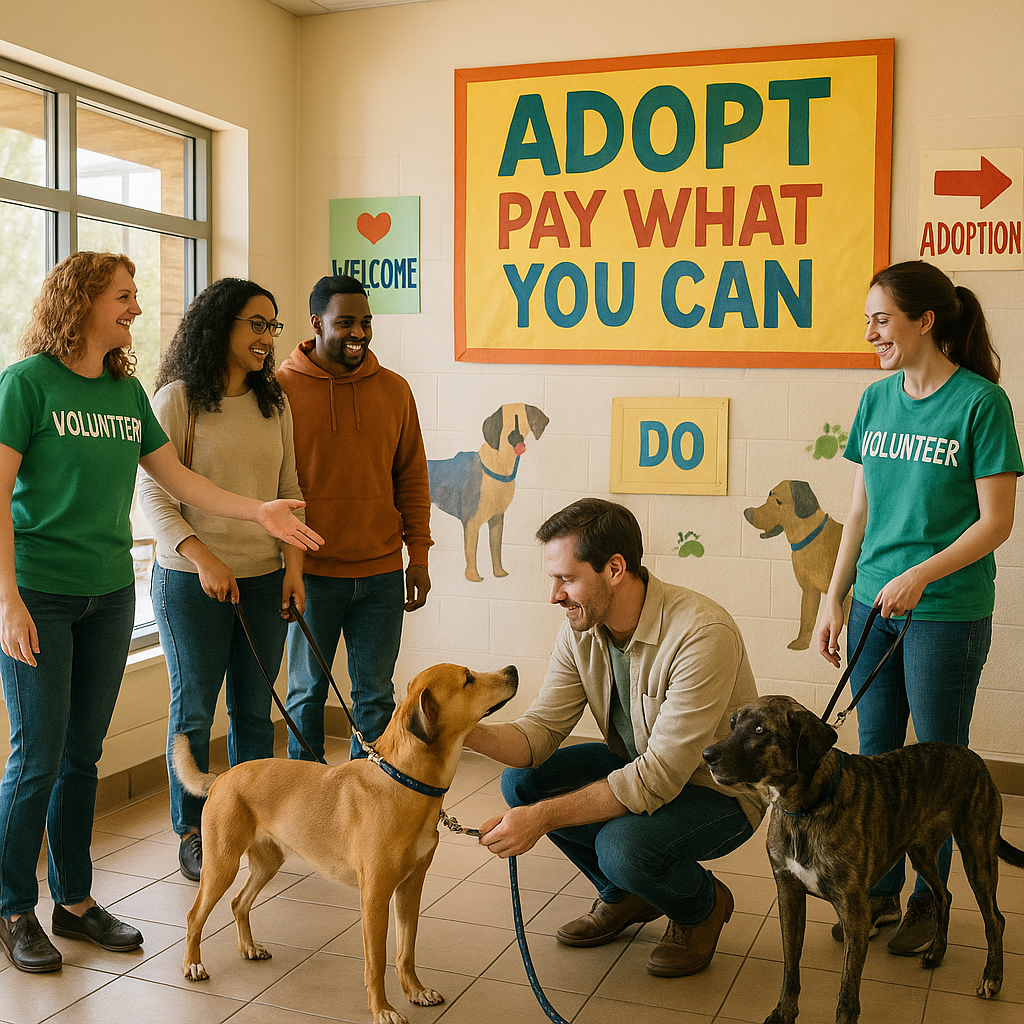 Volunteers and potential adopters interacting with dogs at a shelter adoption event with a sign that reads 'Pay What You Can'