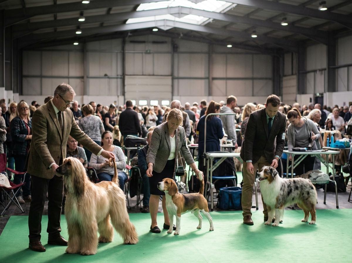 Handlers presenting a variety of purebred dogs in a crowded indoor dog show ring at the Philadelphia Expo Center