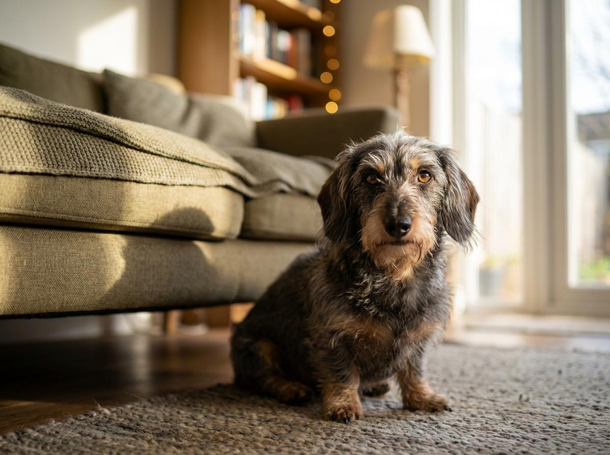 Small dachshund sitting on a living-room rug, looking toward the camera