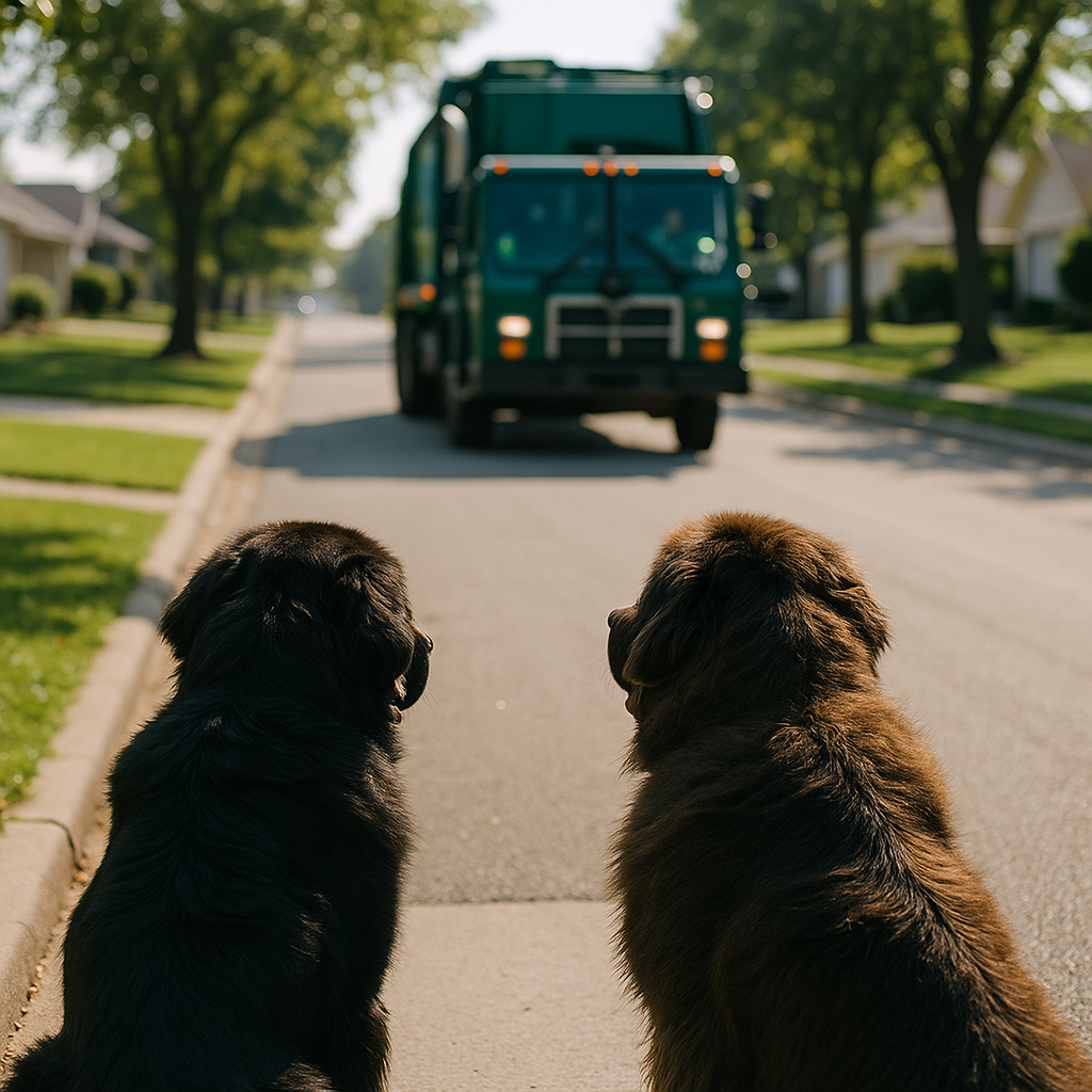 Two Newfoundland dogs looking down a street, waiting for a garbage truck.