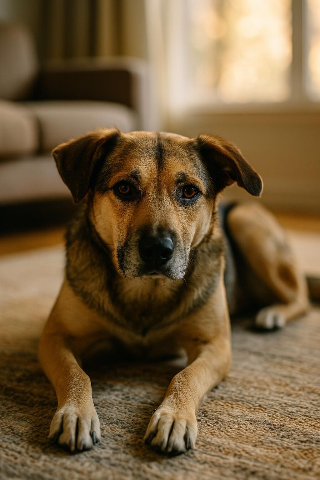 A mixed-breed dog resting on a living room rug in natural light, representing a foster dog in a home environment