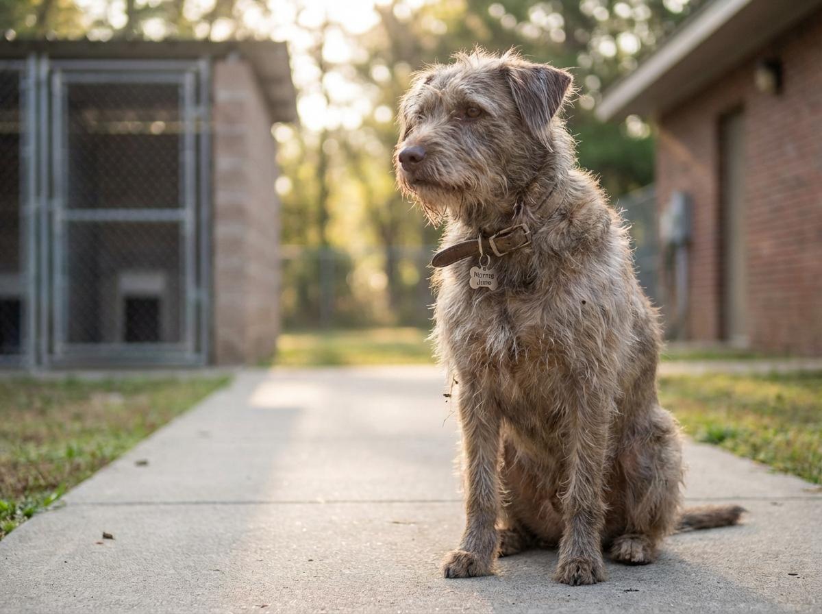 Norma June, a calm adult dog, sitting outside a shelter building with a soft-focus background.