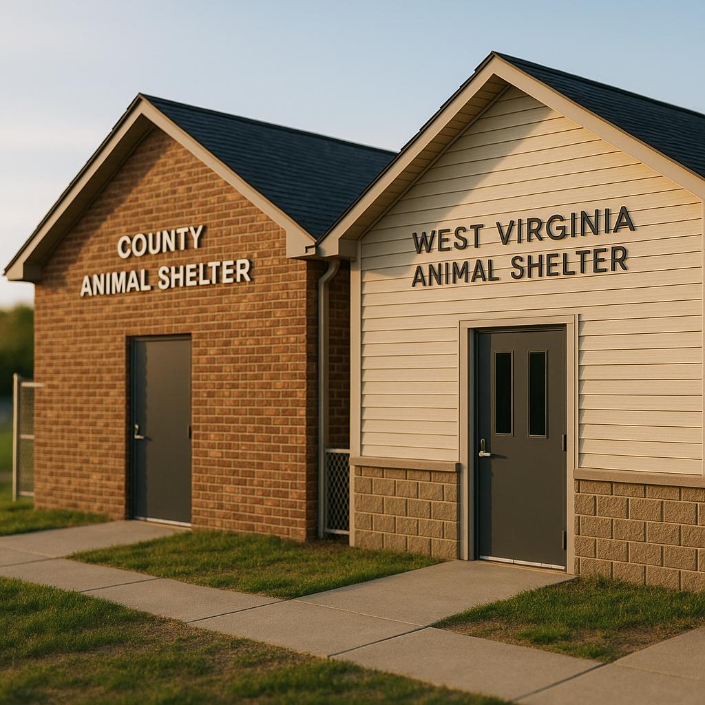 Exterior of two small county animal shelter buildings in West Virginia with fenced dog runs, late-afternoon light.