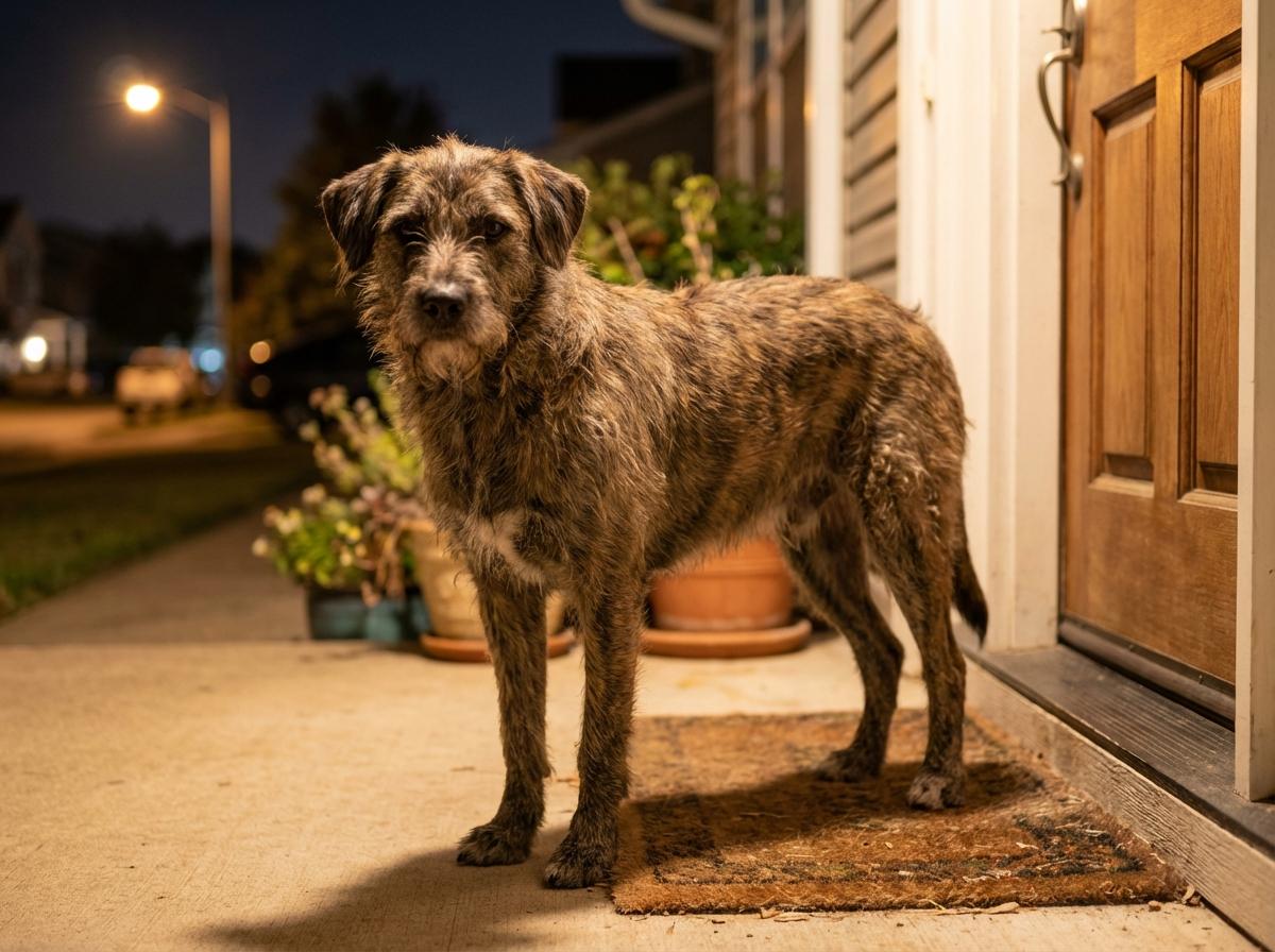 A medium-sized mixed-breed dog standing near a porch at night with soft streetlight illuminating its fur.