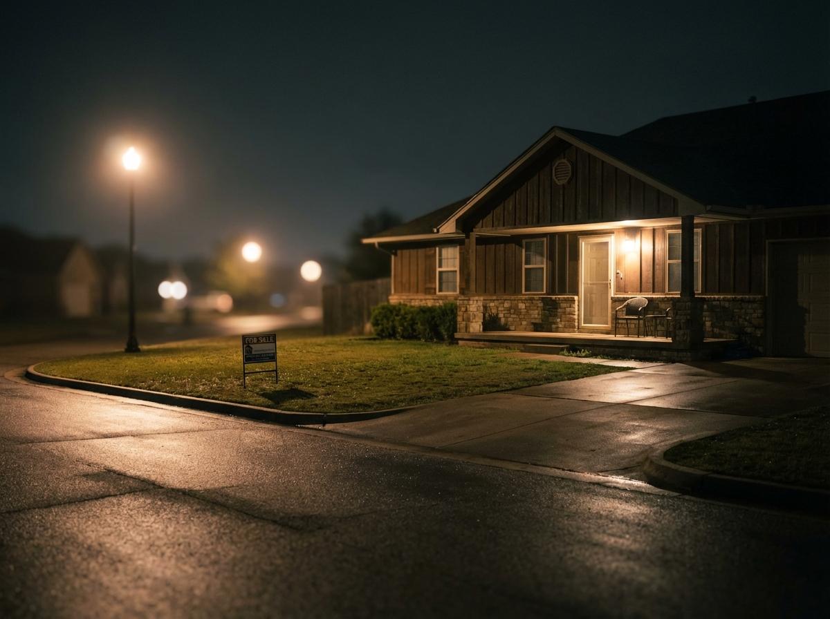 Empty house front at night in Oklahoma City with soft street lighting