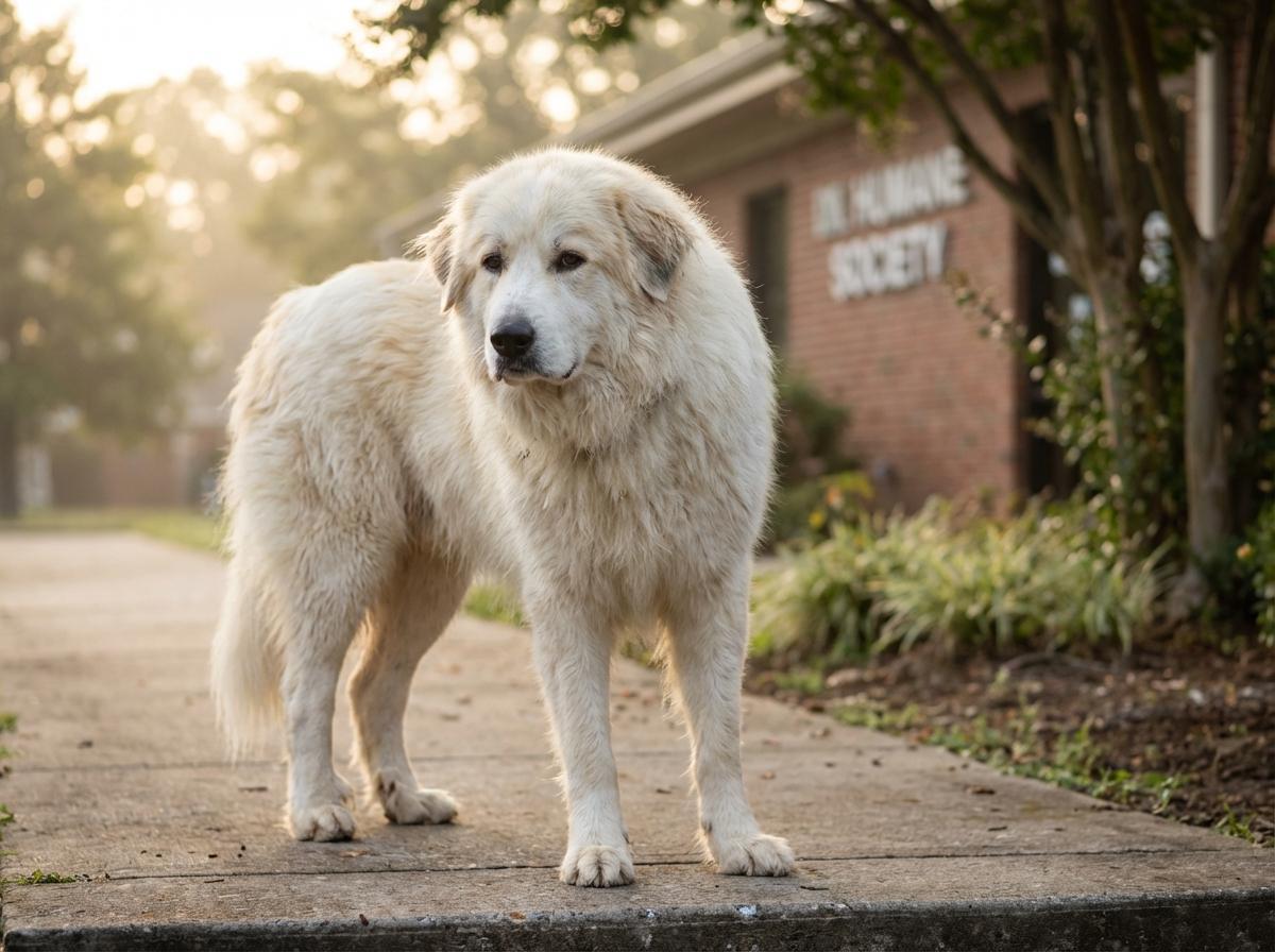 A Pyrenees-mix dog standing outside the Oregon Humane Society campus with soft natural light and shallow depth of field.