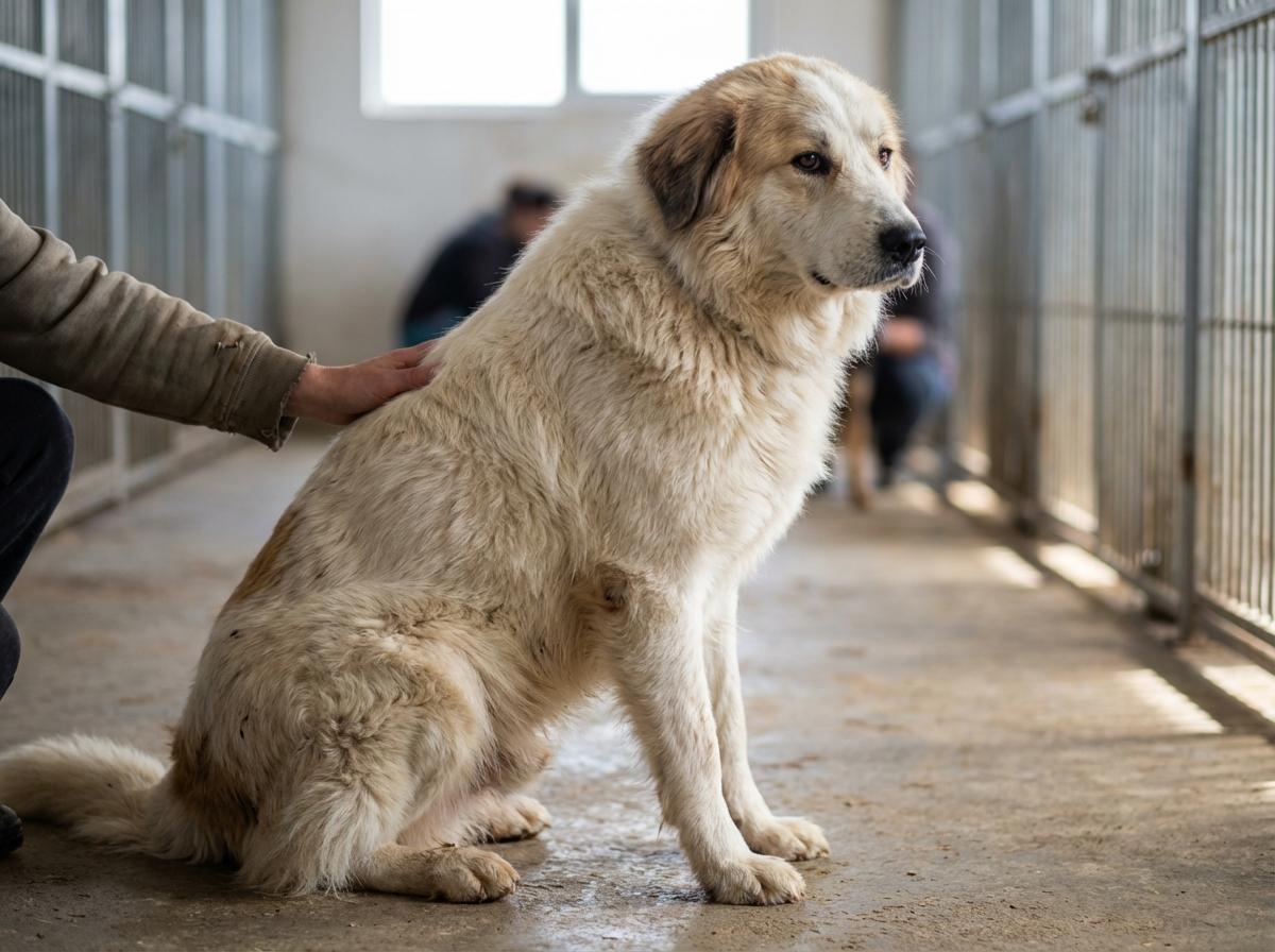 Pyrenees-mix dog in shelter, sitting with a volunteer's hand on its back